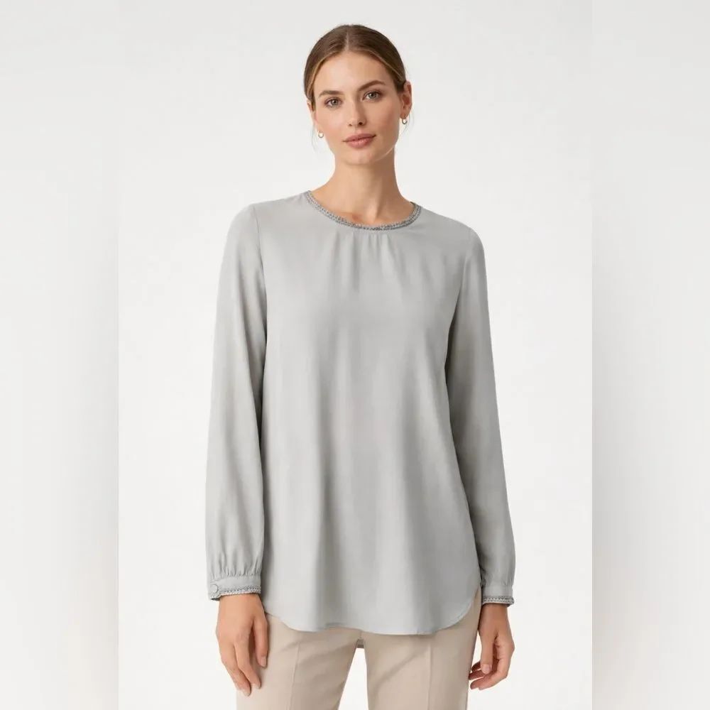 REISS Gray Beaded Trim Silk Blend Blouse Long Sleeve Elegant Work Top